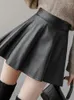 Jupes Automne Mode Coréenne Femmes Couleur Unie PU Plissé Slim Fit Taille Haute Unique Fermeture À Glissière Mini Jupe En Cuir