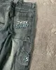 Jeans da uomo JNCO lettere ricamate azzurro retrò lavato Street Trend pantaloni a gamba larga da donna a vita alta