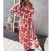 Primavera/verano nuevo vestido informal holgado de manga larga con dobladillo grande estampado para mujer
