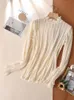 Oumengka zarif kadın uzun kollu dantel bluz üstleri beyaz gündelik tığ işi içi boş fırfırlı şık gömlekler kadın kazıklar 240306