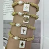 Brin 5 pièces plaqué or réglable fleur entretoise perles perle femmes BOHO zircone pavé Rectangle médaille coeur bracelet à breloques