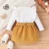 ドレス幼児の女の女の子の秋の冬のスカートスーツ子供長袖のフリルリブ付きプルオーバーソリッドボタンスカート衣類セット