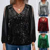 Women's Blouses Women Off-the-shoulder Top Elegant Sequin Patchwork V Neck Blouse For Stylish Hollow Out Lantern Sleeve Pullover Soft