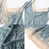Lace Sleepwear Satin Cami Shorts Suit Women 2 Pieces Sleep Set Sexy Deep V-Neck Nightwear Thin Home Clothes Lounge Lingerie 240309