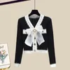 Springsummer Set Women Korean Fashion Bow Sweter Wiek Zmniejszenie pół spódnicy Elegancka dwuczęściowa Dwuczęściowa 240315