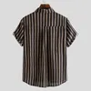 メンズカジュアルシャツスタンドカラー半袖シャツレトロなスタイルの男性縞模様の夏のトップ