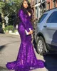 Paars V-hals Pailletten Zeemeermin Lange Prom Jurken Lange Mouwen Ruches Formele Celebrity Avondfeest Jurken Plus Size BC4023