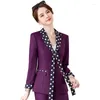 Women's Two Piece Pants Long Sleeve Elegant Slim Green Work Uniforms Purple Formal Wear Black Women Suit White Collar