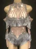 Stage Wear Glitter Grey Fringe Pole Dance Birthday Celebrate Costumes Rhinestone Women Bodysuit Nightclub Singer