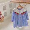 Girl Dresses Children Spring Stripes Cotton Dress Girl's Sweet Apple Pattern Embroidery Doll Collar Single Breasted Ruffles Cuff A-Line