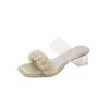 Hausschuhe 2024 Luxus Design Slide Damen Blockabsatz Sommer gewebte transparente Sandalen Mode Peep-Toe Party Schuhe