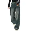 Harajuku Streetwear Retro Moda Mujer Jeans de cintura alta Pierna ancha suelta Pantalones de mezclilla rectos Y2K Pantalones holgados 240307