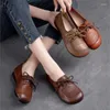 Zapatos casuales Johnature zapatos planos de cuero genuino 2024 otoño mujeres Retro hecho a mano punta redonda suela suave poco profunda con cordones Color sólido