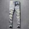 Jeans masculinos streetwear moda homens retro lavado luz azul estiramento fino ajuste pintado rasgado vintage designer denim calças