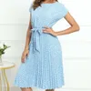 Spring and Summer New Short Sleeve Floral Lace Up Waist Pleated Dress for Women in 3 Colors