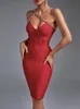 Kristal Bandage Dres Red Bodycon Elbise Akşam Partisi Zarif Seksi Halter Boyun Midi Doğum Günü Kulübü Kıyafetleri Yaz 240306