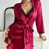 Women's Sleepwear White Satin Nightgown Lace Trim Sexy Women Robe Set Silk Rayon Bathrobe Nightwear Female Summer Spaghetti Strap