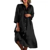 Casual Kleider Frauen Baumwolle Leinen Kleid Mode Lose Button Up Langarm Hemd Vintage Solide Strand Party Midi Robe
