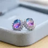 Stud Earrings Luxury Multicolor Tourmaline Flower Silver Color Oval Cut Zircon Crystal Stone Ear Studs For Women Jewelry