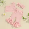 Pudcoco Girl Summer Outfits One Shoulder Ribbed Tops Elastic Waist Flare Pants 3D Bow Headband Infant Toddler 3 Piece Set 6M4T 240314