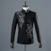 Ternos Túnica Chinesa Homens Gola Mandarim Branco Preto Appliqued Blazer para Cerimônia de Banquete de Casamento