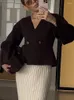 ByeMyLove Damen-Strickjacke, einfarbig, V-Ausschnitt, Einzelknopf-Strickjacke, lange ausgestellte Ärmel, gerüschter Strickpullover, modischer High-Street-Pullover