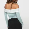 Kvinnors T-skjortor Kvinnor Crop Off-Shoulder Tops Kontrast Färg Långärmad skjorta Casual Pullovers för Club Eesthetic Clothes Summer Cami