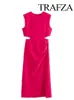 TRAFZA Cut Out Rose Red Dress Woman Ruched Summer Long Dresses For Women Sleeveless Midi Party Elegant Evening 240313