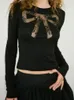 Женские футболки CHRONSTYLE, кружевные футболки с цветочным принтом в стиле пэчворк, топы для женщин, футболки с круглым вырезом и длинным рукавом, приталенные сетчатые прозрачные футболки с бантом