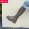 Botas Qutaa 2024 Moda Inverno Est Joelho Alto Microfibra Zipper Quadrado Med Heel Round Toe Party Shoes Mulher Tamanho 34-43