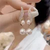 2024 New Classic Elegant Imitation Double Pearl Dangle 14k Yellow Gold Earrings For Women Crystal Long Tassel Drop Earring Wedding Jewelry Gifts