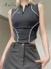 Toppar Artsu Stitch Slim Basic Casual Tank Vest Zip Up Stand Collar Crop Top Women Sleeveless Streetwear Summer Sweats