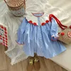 Girl Dresses Children Spring Stripes Cotton Dress Girl's Sweet Apple Pattern Embroidery Doll Collar Single Breasted Ruffles Cuff A-Line