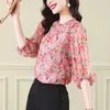 Dames Blouses Temperament Gedrukt Overhemd met ronde hals Voor Lente Herfst Zoet Veelzijdig Dun Oorrand Lantaarnmouwen Geplooid Chiffon Top