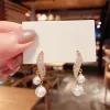 2024 New Classic Elegant Imitation Double Pearl Dangle 14k Yellow Gold Earrings For Women Crystal Long Tassel Drop Earring Wedding Jewelry Gifts