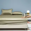 Doğal saten takılmış lüks düz renkli yatak kapağı çift kraliçe elastik bant yatak 140x200 160x200 fit 240306