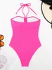 Kvinnors badkläder ett stycke baddräkt Kvinnor 2024 Solid Halter Bandeau bodysuit monokini sommar ihålig strandbaddräkt kvinnlig