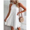 Vestido feminino primavera/verão cor sólida gola redonda pendurado sexy oco bordado