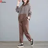 Primavera casual solto listrado com capuz 2 peças conjuntos moletom e calças harem agasalho oversized 4xl coreano sweatsuit feminino outfit 240311