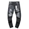 Jeans masculinos de grife 24 nova marca roxa com tinta preta americana High Street angustiada