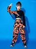 Scene Wear Girls Jazz Dance Costume One-Sleeved Leopard Orange Camouflage Outfits Kpop Concert Show Clothes Kids Hip Hop Clothing DNV17005