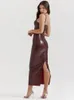 Elegancka moda bez rękawów skórzana sukienka PU dla kobiet Zip Up Slit Sexy Slim Midi Prom Sukienki Streetwear Club Y2K Outfits 240312