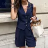 Summer Casual Office Twopiece Womens Solid Color Pocket Street Fashion Sleeveless Vest Blazer and Shorts 240326