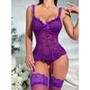 Bras Sets Women's Sexy Floral Lace Lingerie Set With Ruffle V-Neck Top Thong Panties And Stockings - Enhance Your Intimate Moments