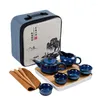 Service à thé de Style japonais, tasses en céramique bleue, cadeau d'affaires, théière chinoise de voyage Portable