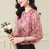 Dames Blouses Temperament Gedrukt Overhemd met ronde hals Voor Lente Herfst Zoet Veelzijdig Dun Oorrand Lantaarnmouwen Geplooid Chiffon Top