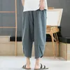 Herrbyxor 2024 Sommarmän kinesisk stil bomullslinne harem streetwear andningsstrand manlig casual kalvlängd byxor