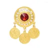 Brooches Coin Pendant Women Brooch Arabic Charms Golden Carved Rhinestones Bohemian Ethnic Statement Wedding Party Female