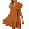 Robes décontractées Femmes élégantes Plage 2024 Summer Ruffle A Line Swing Midi Robe à manches courtes Col V Solide Cordon Sundress Robes