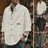 Men's Casual Shirts Retro Style Shirt Cardigan With Turn-down Collar Patch Pockets Long Sleeve Solid Color Button-up For Spring Men